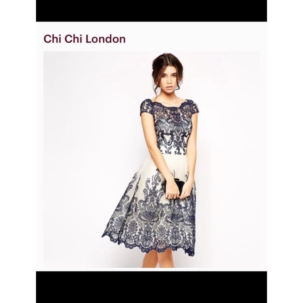 Chi Chi London Dress Lace Blue Bardot Neck size 6